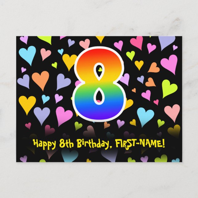 8th Birthday: Fun Hearts Pattern, Rainbow 8 Postcard (Front)