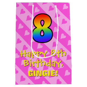 8th Birthday: Fun Pink Hearts Stripes & Rainbow 8 Medium Gift Bag