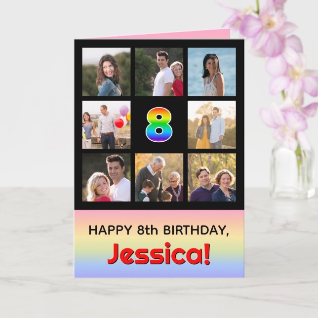 8th Birthday: Fun Rainbow #, Custom Photos + Name Card (Orchid)