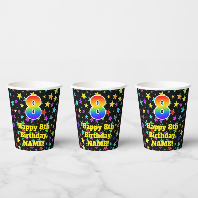 8th Birthday: Fun Stars Pattern and Rainbow 8 Paper Cups (Multi)