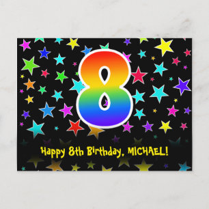 8th Birthday: Fun Stars Pattern, Rainbow 8, Name Postcard