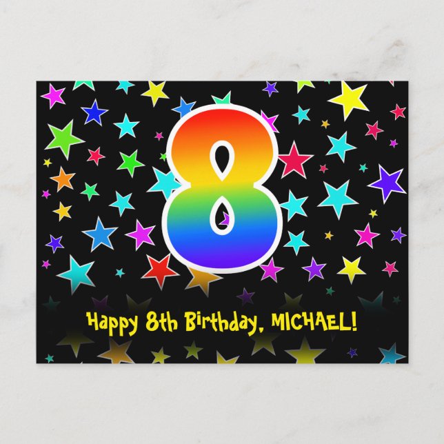 8th Birthday: Fun Stars Pattern, Rainbow 8, Name Postcard (Front)