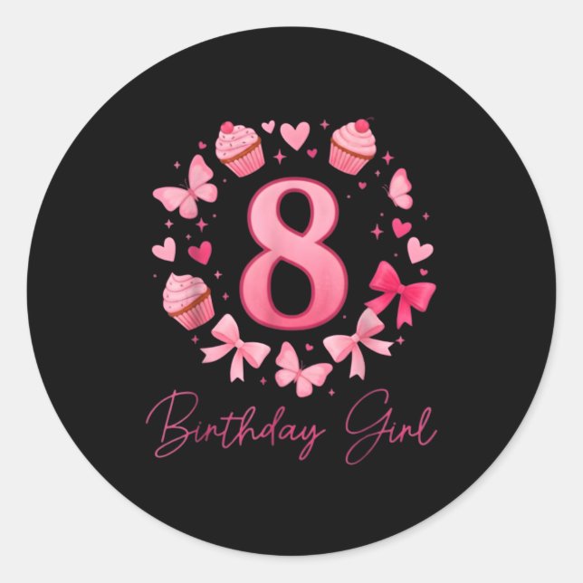 8th Birthday Girl Aesthetic Coquette Bow  Classic Round Sticker (Front)