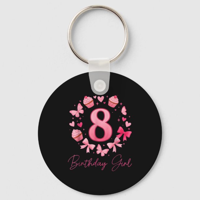8th Birthday Girl Aesthetic Coquette Bow  Key Ring (Front)