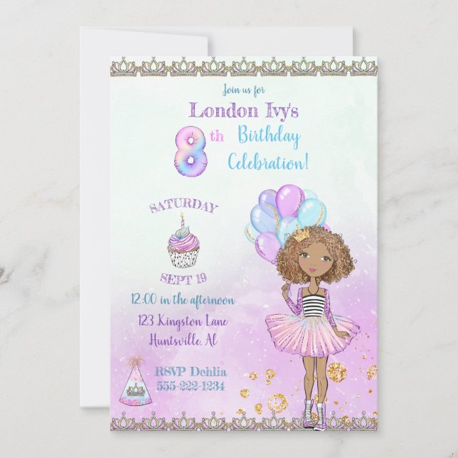 8th Birthday Girl Princess African American Invitation (Front)
