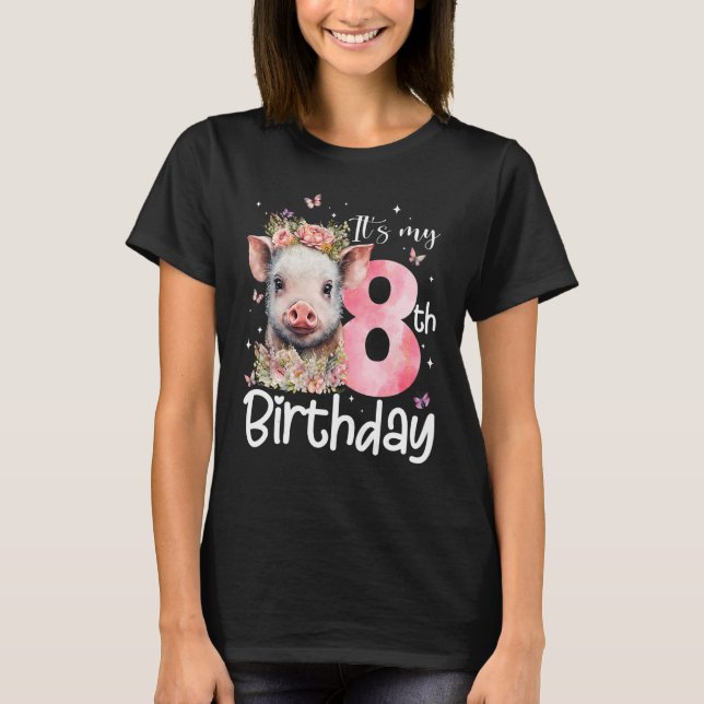 8th Birthday Girls Pig Floral Crown 8 Year Old Bar T-Shirt (Front)