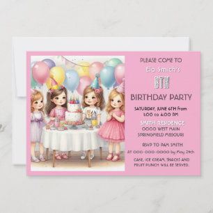 8th Birthday Girls Pink Balloons Invitation