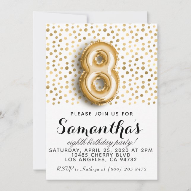 8th Birthday Gold Polkadot Invitation (Front)