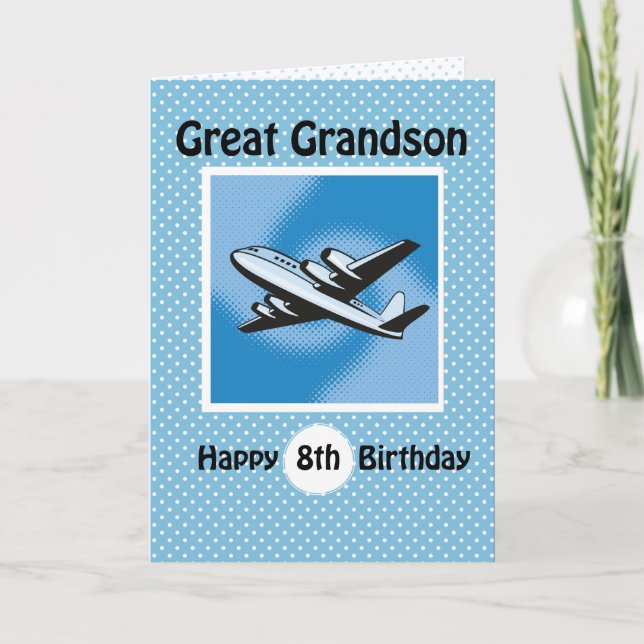 8th Birthday, Great Grandson, Airplane on Blue Card (Front)