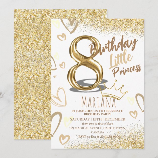 8th Birthday Heard Gold Glitter Glamourous Party Invitation (Front/Back)