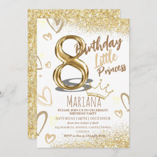 8th Birthday Heard Gold Glitter Glamourous Party Invitation