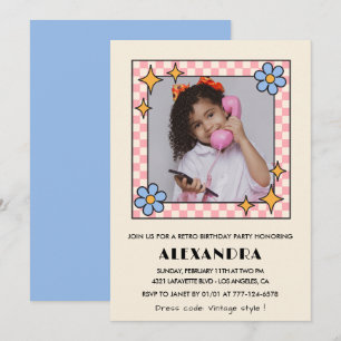 8th birthday invitation Retro Groovy Blue Floral