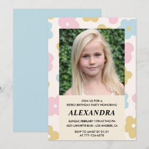 8th birthday invitation Retro Groovy Flowers Cute