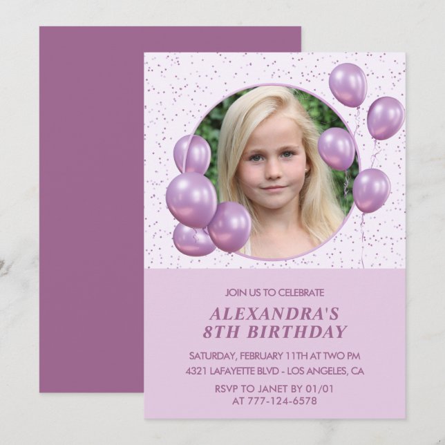8th birthday invitations Balloons Photo Purple (Front/Back)