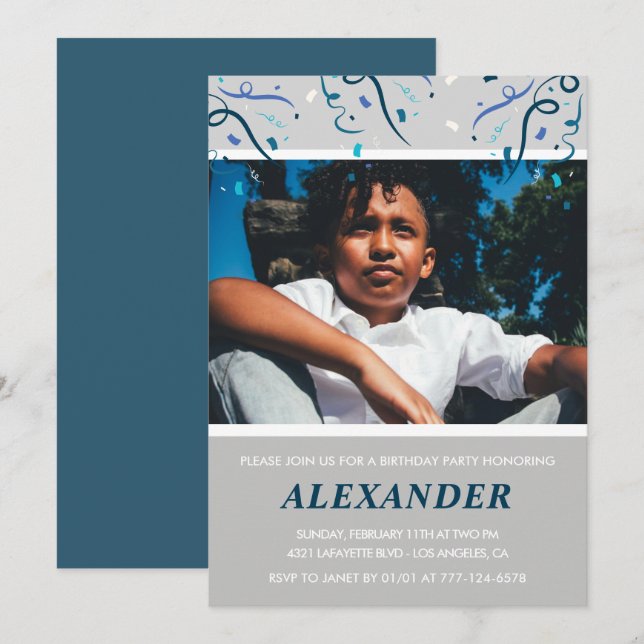8th birthday invitations Boy Confetti Photo Navy (Front/Back)