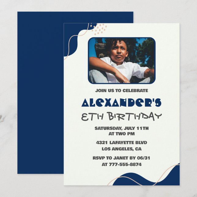 8th birthday invitations Boy Navy Simple Photo (Front/Back)