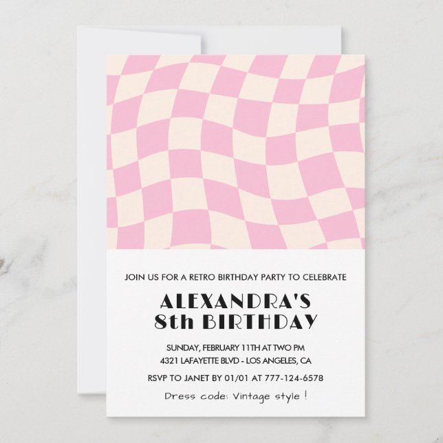 8th birthday invitations Chequered Retro Pink  (Front)