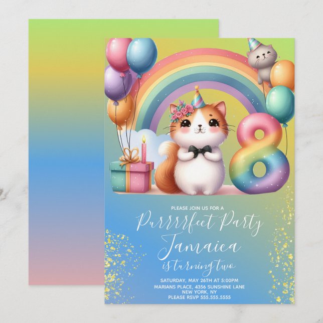 8th Birthday Kitten Rainbow Party Invitation (Front/Back)