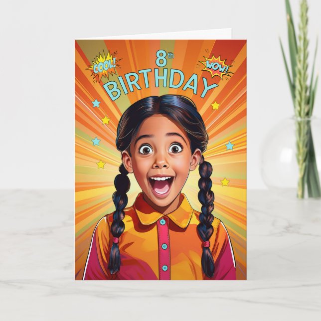 8th Birthday Latin American Girl Pop Art Style Card (Front)