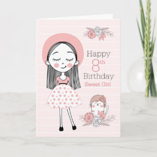 8th Birthday Little Girl and Cat in Pink White Card