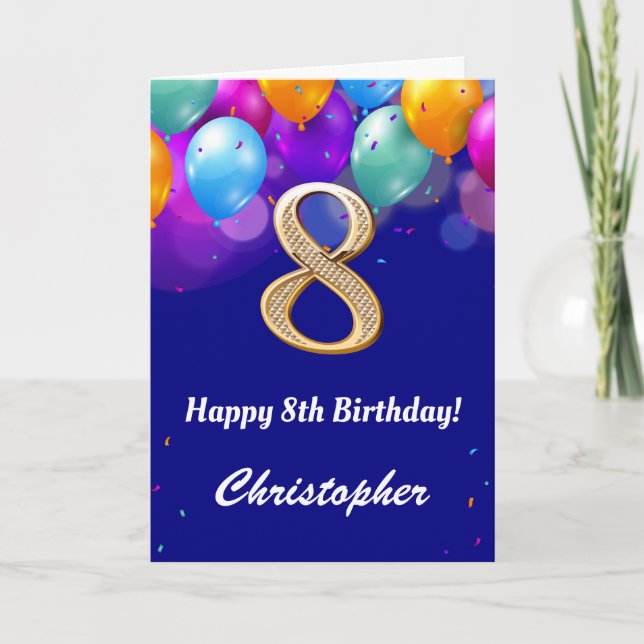 8th Birthday Navy Blue and Gold Colourful Balloons Card (Front)