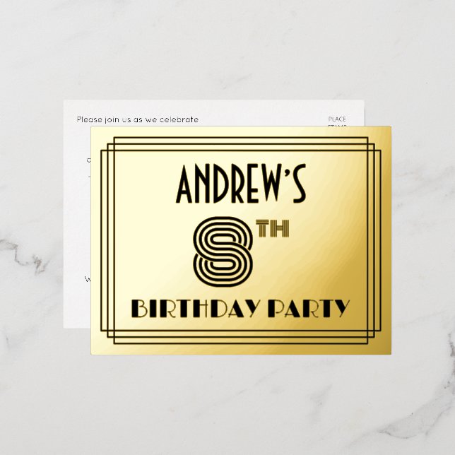 8th Birthday Party ~ Art Deco Style “8” + Name Foil Invitation Postcard (Front/Back)