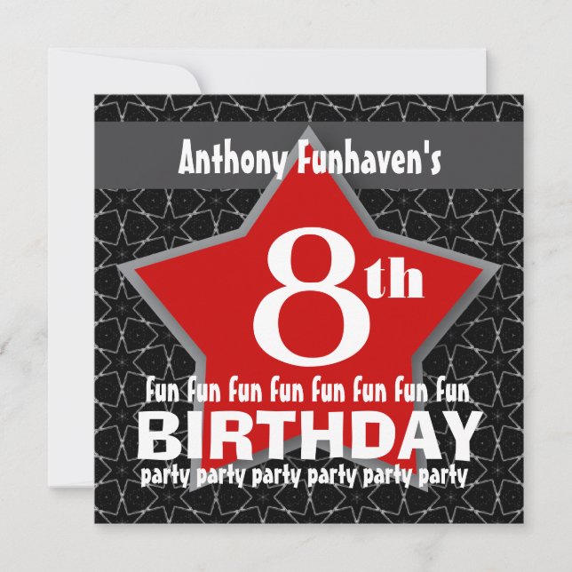 8th Birthday Party Black Red White STAR V08 Invitation (Front)