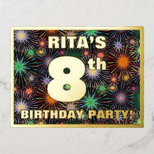 8th Birthday Party: Bold, Colourful Fireworks Look Foil Invitation Postcard