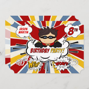 8th Birthday Party Boys Superhero Red Comic Invitation