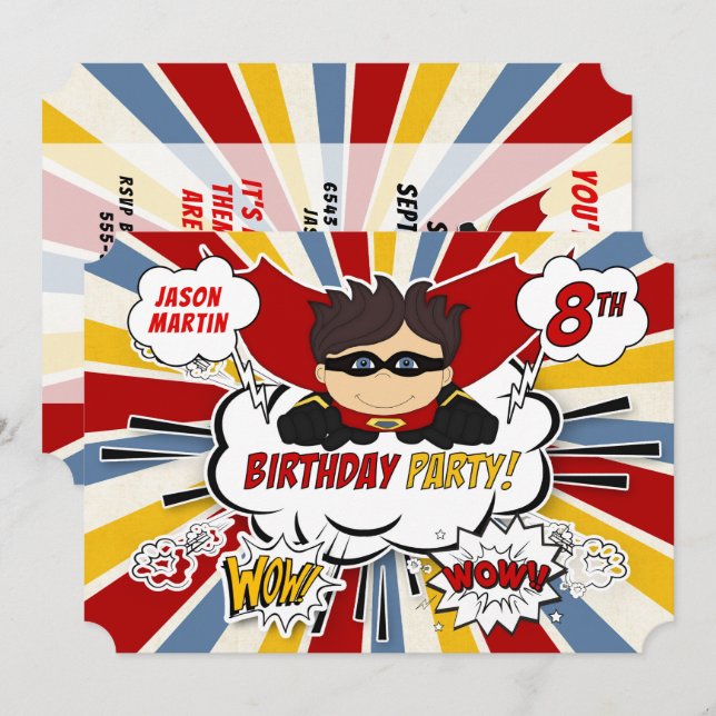 8th Birthday Party Boys Superhero Red Comic Invitation (Front/Back)