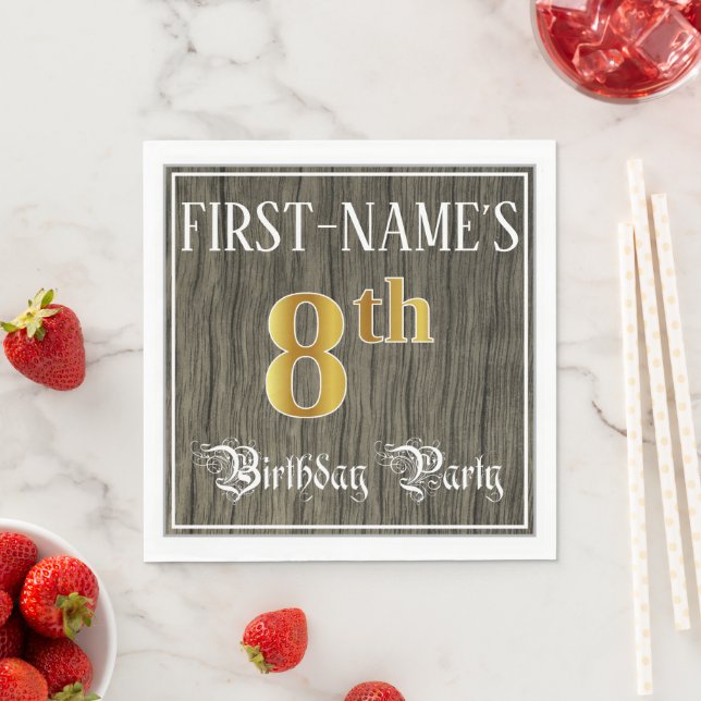 8th Birthday Party — Faux Gold & Faux Wood Looks Napkin (Insitu)