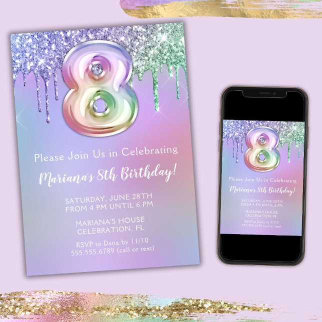 8th Birthday Party Invitation Purple Pink Glitter (Creator Uploaded)