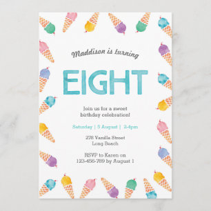 8th Birthday Party Rainbow Ice cream invitation