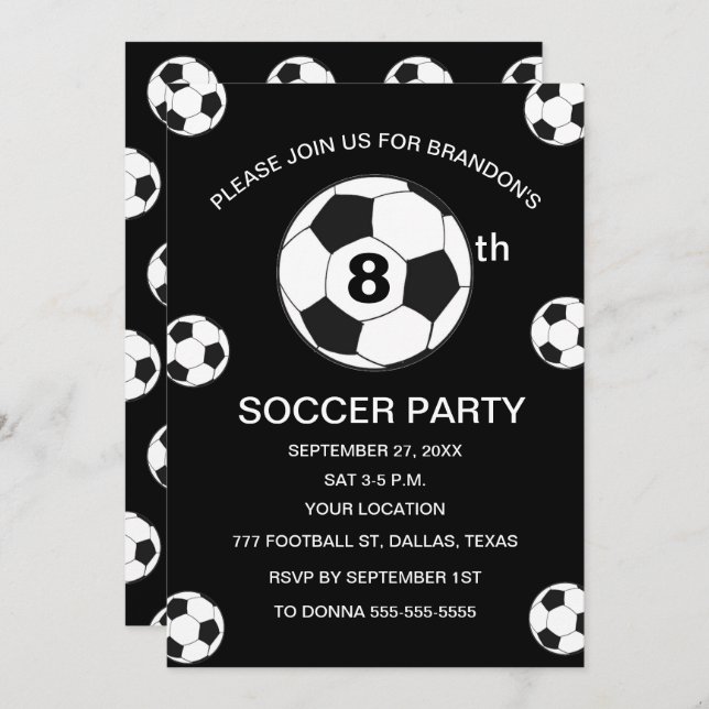 8th Birthday Party Soccer Black Boys Sports Invitation (Front/Back)