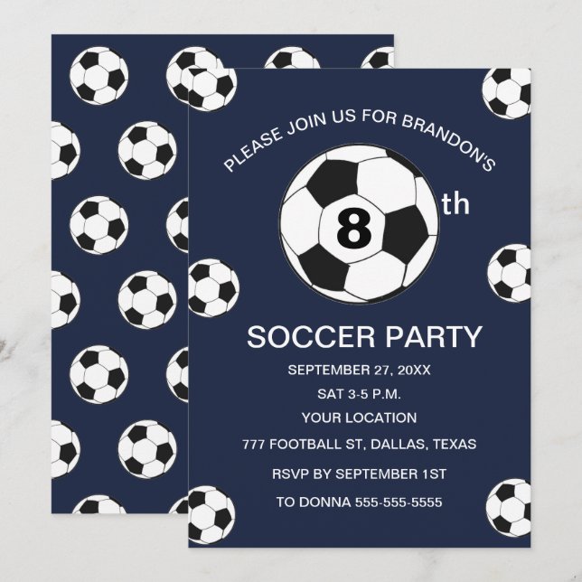 8th Birthday Party Soccer Blue Boys Sports Invitation (Front/Back)
