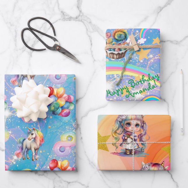 8th birthday personalised Unicorn gift wrap (Front)