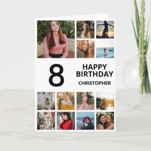 8th Birthday Photo Collage 13 Photos Black & White Card