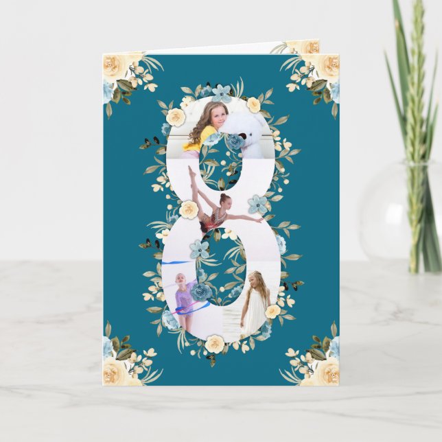8th Birthday Photo Collage Blue Yellow Flower Teal Card (Front)