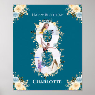 8th Birthday Photo Collage Teal Blue Yellow Flower Poster