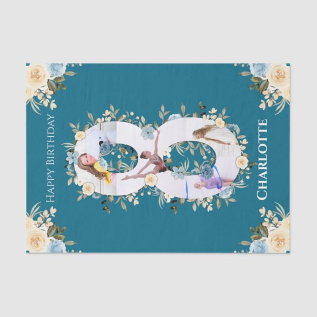 8th Birthday Photo Collage Teal Blue Yellow Flower Tissue Paper (Front)