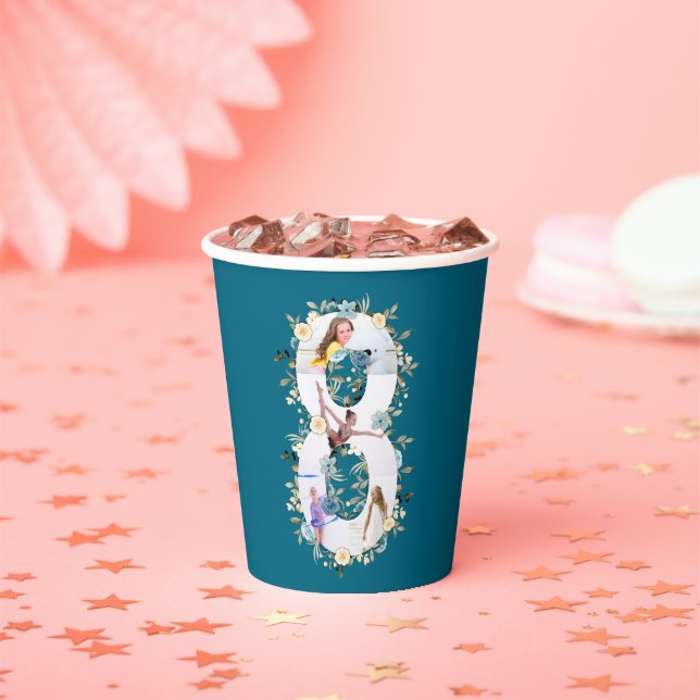 8th Birthday Photo Teal Collage Blue Yellow Flower Paper Cups (Insitu)