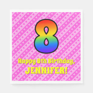 8th Birthday: Pink Stripes & Hearts, Rainbow # 8 Napkin