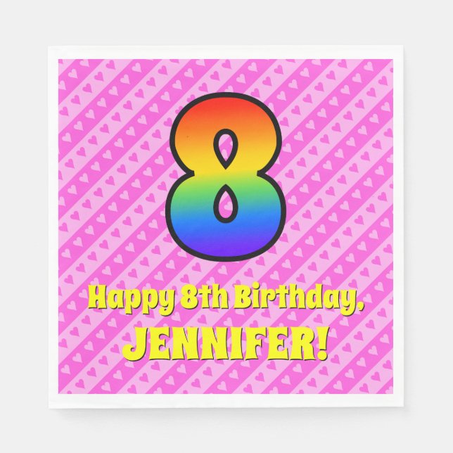8th Birthday: Pink Stripes & Hearts, Rainbow # 8 Napkin (Front)
