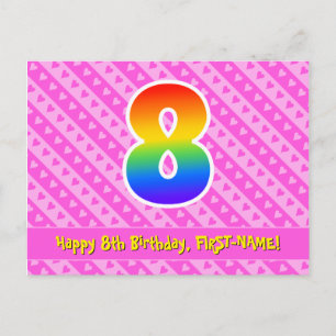 8th Birthday: Pink Stripes & Hearts, Rainbow 8 Postcard