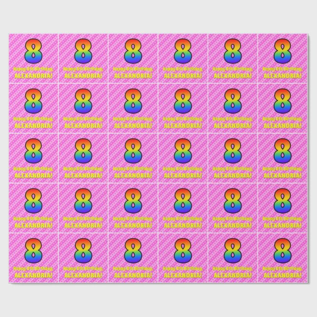 8th Birthday: Pink Stripes & Hearts, Rainbow # 8 Wrapping Paper (Flat)