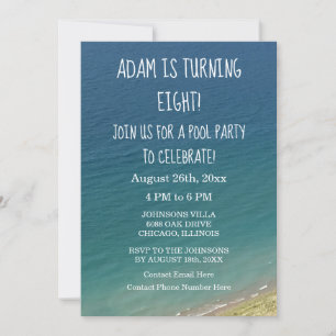 8th Birthday Pool Party Blue Water Seashore Beach Invitation