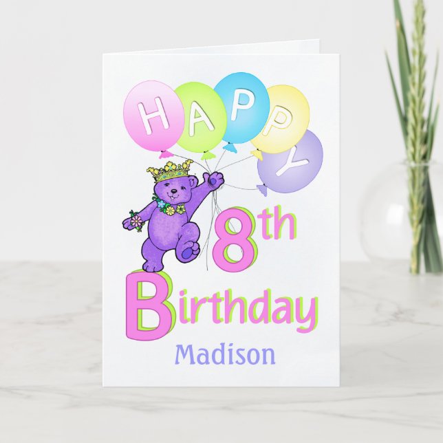 8th Birthday Princess Bear, Custom Name Card (Front)