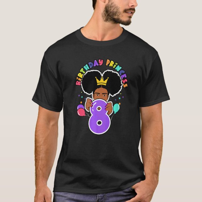 8th Birthday Princess Melanin Afro Puffs Girl T-Shirt (Front)