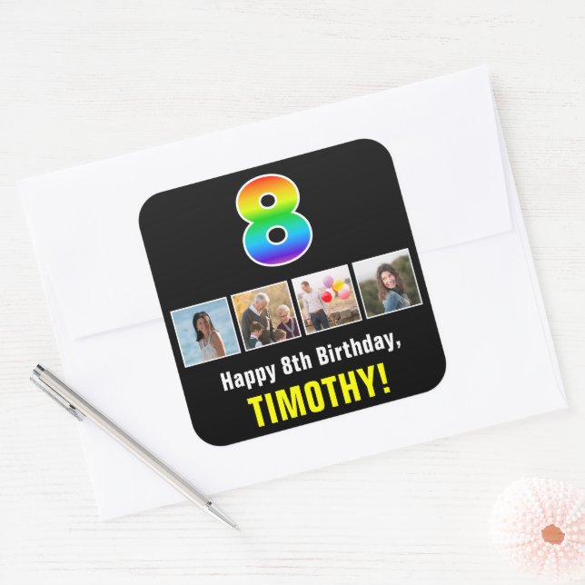 8th Birthday: Rainbow “8”; Custom Photos & Name Square Sticker (Envelope)