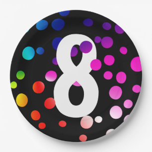 8th Birthday Rainbow Dots Paper Plate